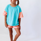 2 PIECES SUMMER SET | COLORBLOCK TEAL + PEACH | GIRLS