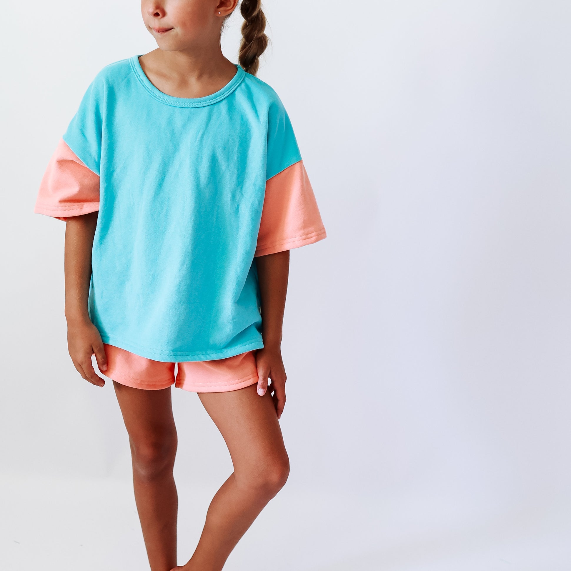 2 PIECES SUMMER SET | COLORBLOCK TEAL + PEACH | GIRLS