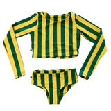 MA-ME-MI | TWO PIECE LONG SLEEVE SWIM | GREEN + YELLOW STRIPES