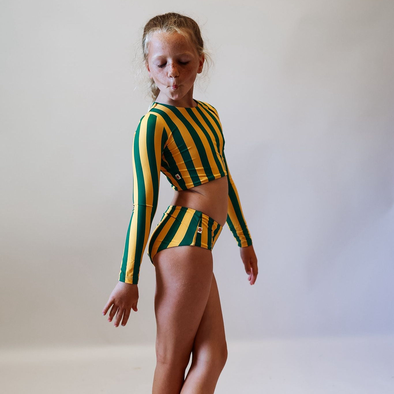 MA-ME-MI | TWO PIECE LONG SLEEVE SWIM | GREEN + YELLOW STRIPES